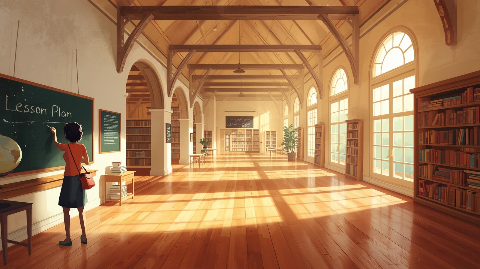 large open library hall with large window and teacher writing "lesson plan" on a chalkboard