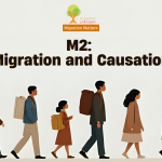 Migration and Causation - illustration of a diverse group of people walking with luggage